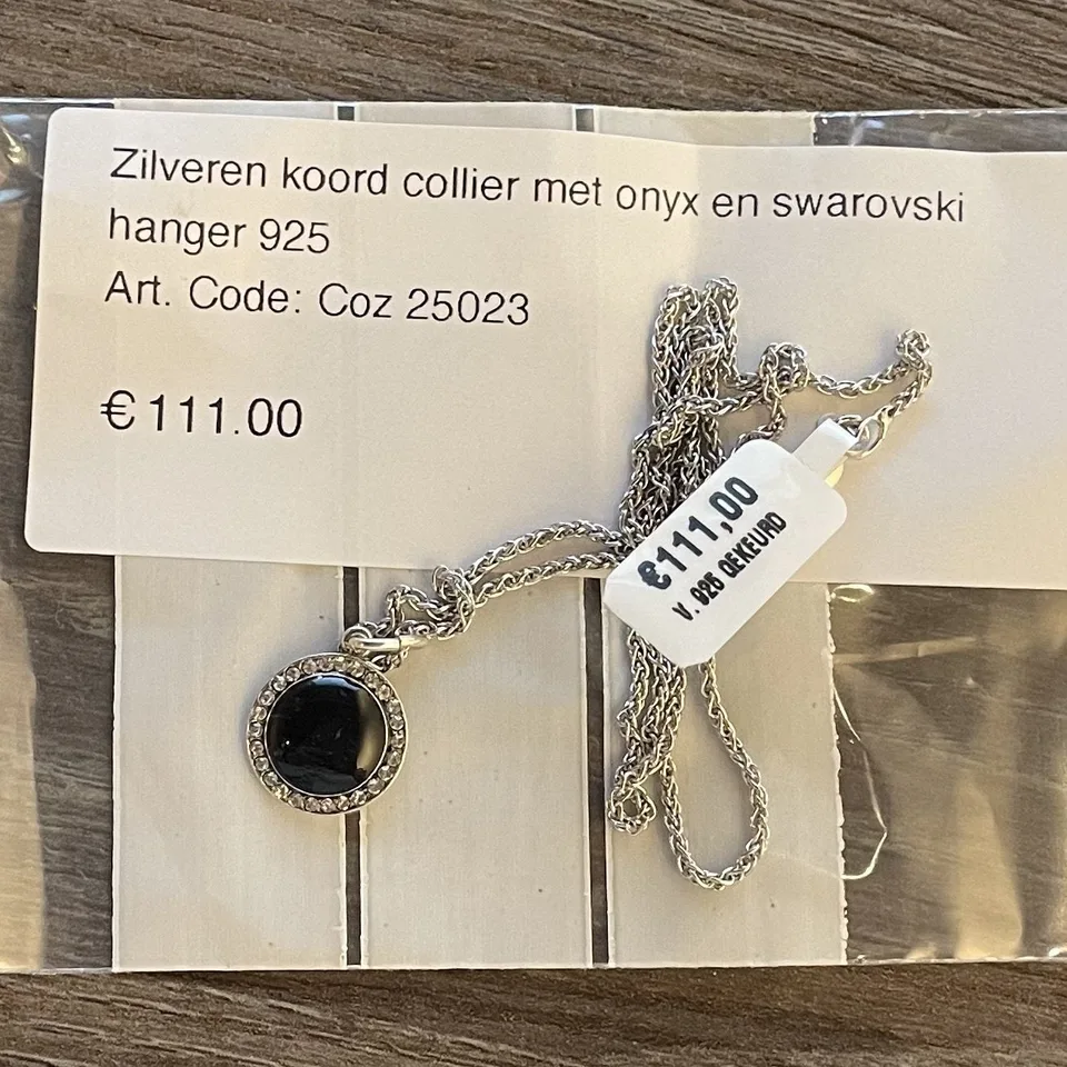 Vintage Sterling Silver Rope Necklace with Onyx and Swarovski Pendant