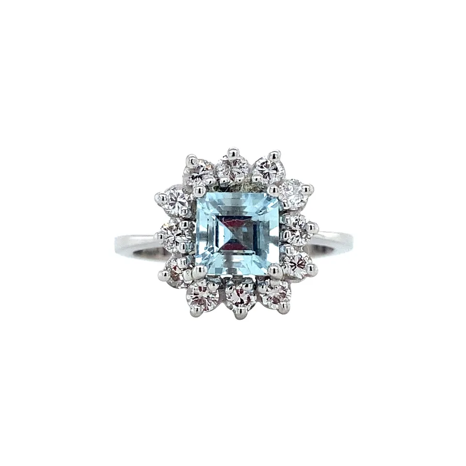 Vintage 18K White Gold Ring with Aquamarine and Diamond