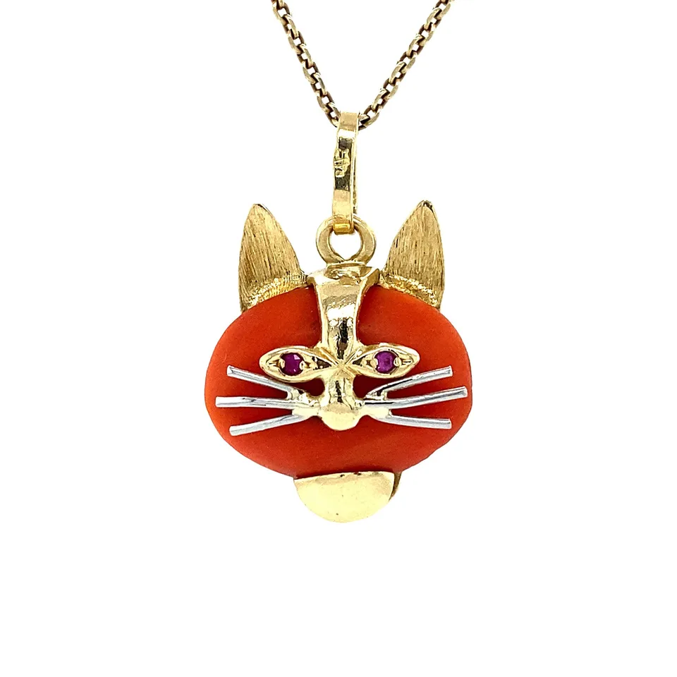 Vintage 14K Gold Cat Pendant with Red Coral and Ruby