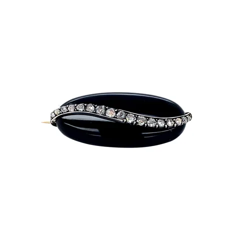 Vintage 14K Gold Brooch with Onyx and Diamond