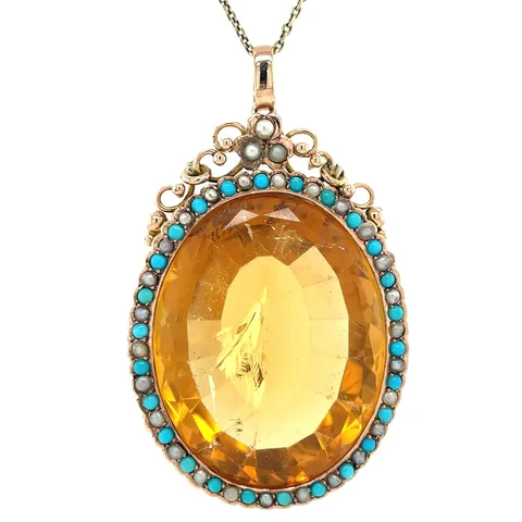 Vintage Rose Cluster 9K Gold Pendant with Citrine, Pearl and Turquoise