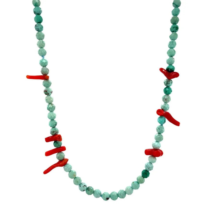 Vintage Turquoise Necklace with Red Coral and 14K Gold Clasp