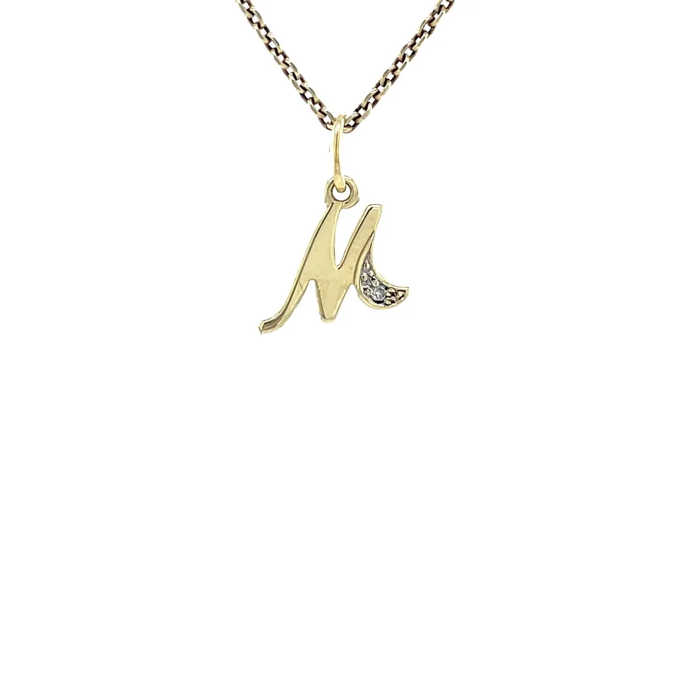 Vintage 14K Gold Letter M Pendant with Diamond