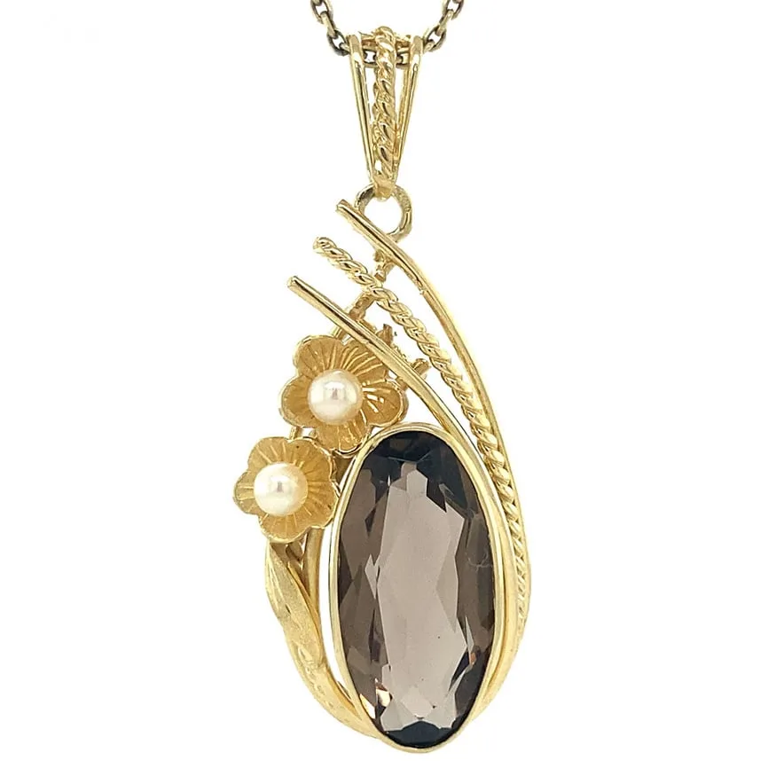 Vintage 14K Gold Pendant with Smoky Quartz and Pearl