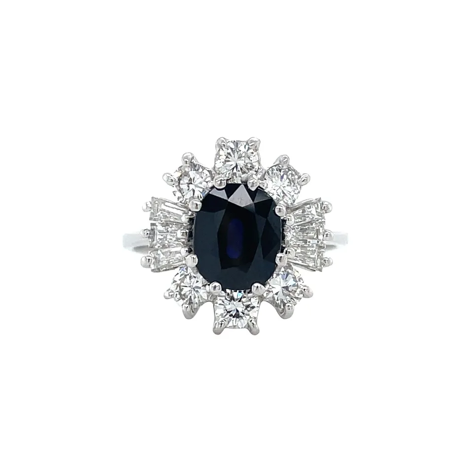 Vintage 14K White Gold Cluster Ring with Sapphire and Diamond