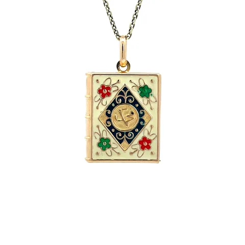 Vintage 18K Gold Book Pendant with Enamel