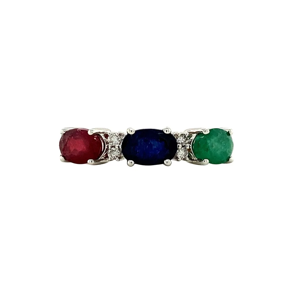 Vintage 14K White Gold Ring with Emerald, Sapphire, Ruby and Diamond