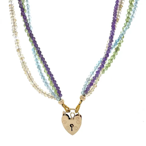 Vintage Gemstone 9K Gold Necklace with Heart Clasp