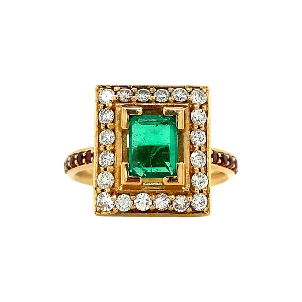 Vintage 18K Gold Ring with Emerald, Garnet and Diamond