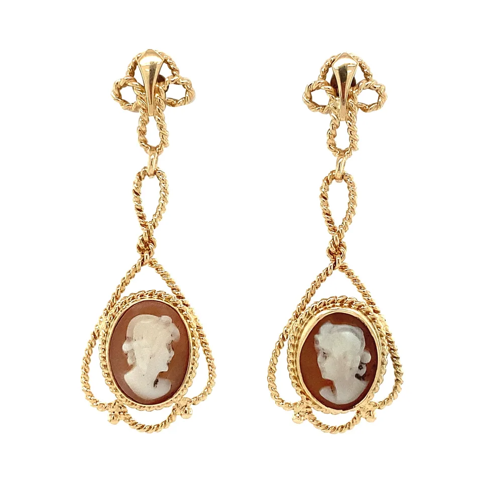 Vintage 14K Gold Drop Earrings with Cameo