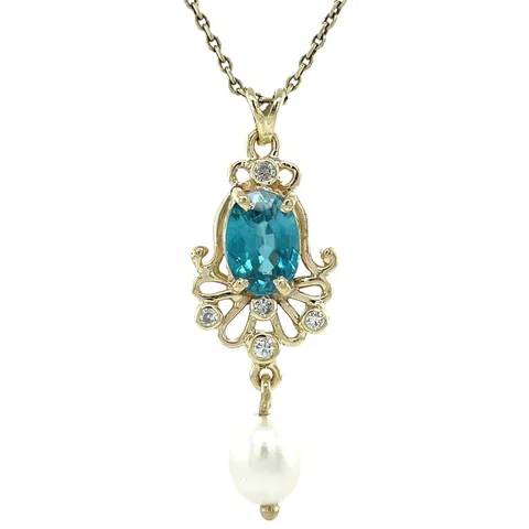 Vintage 14K Gold Pendant with Pearl, Zircon and Diamond