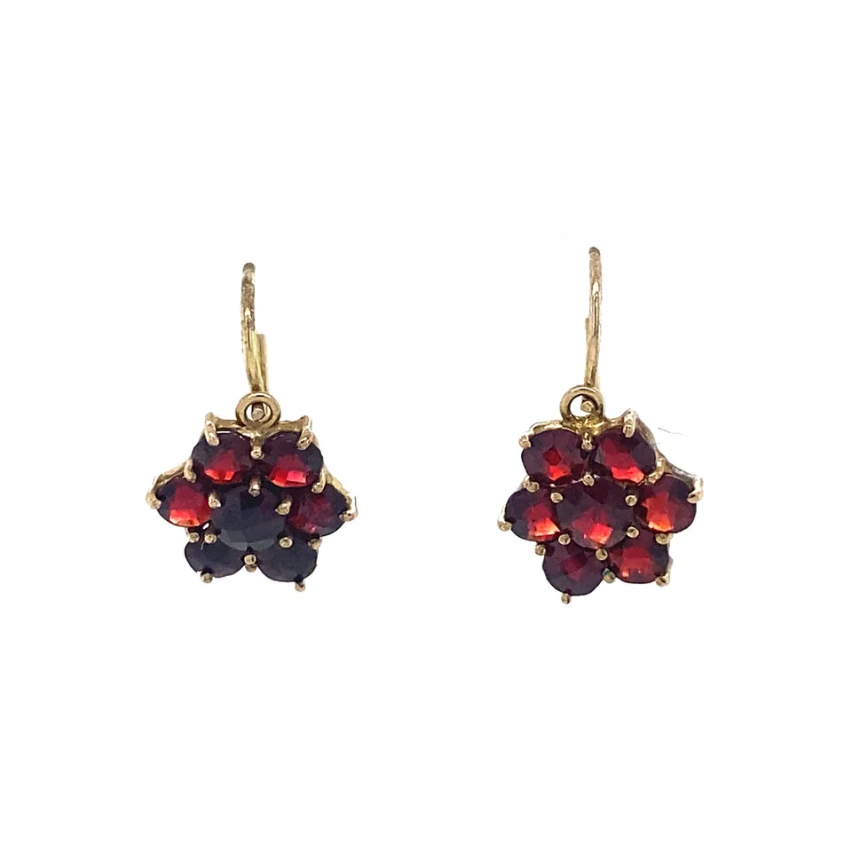 Vintage Dormeuse Cluster 8K Gold Drop Earrings with Garnet