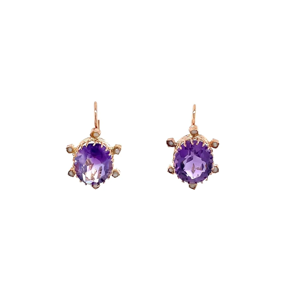 Vintage 8K Rose Gold Drop Earrings with Amethyst and Pearl