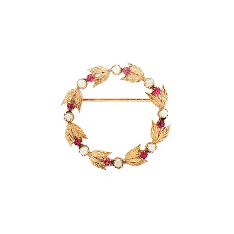 Vintage 12K Gold Brooch with Ruby and Pearl