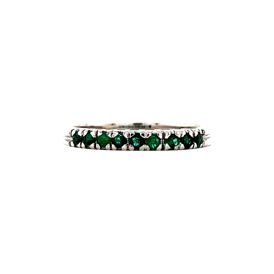 Vintage 18K White Gold Half Eternity Ring with Natural Emerald
