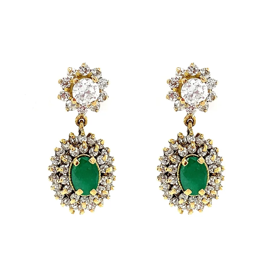 Vintage 18K Gold Drop Earrings with Emerald and Cubic Zirconia