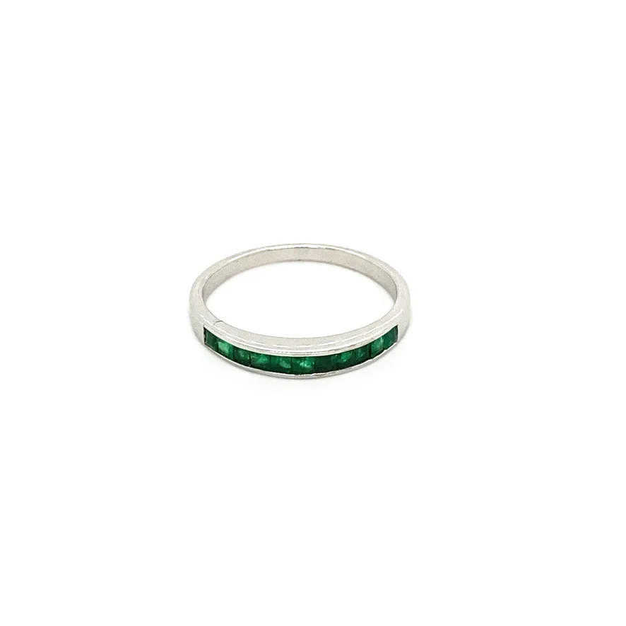 Vintage 18K White Gold Half Eternity Ring with Emerald