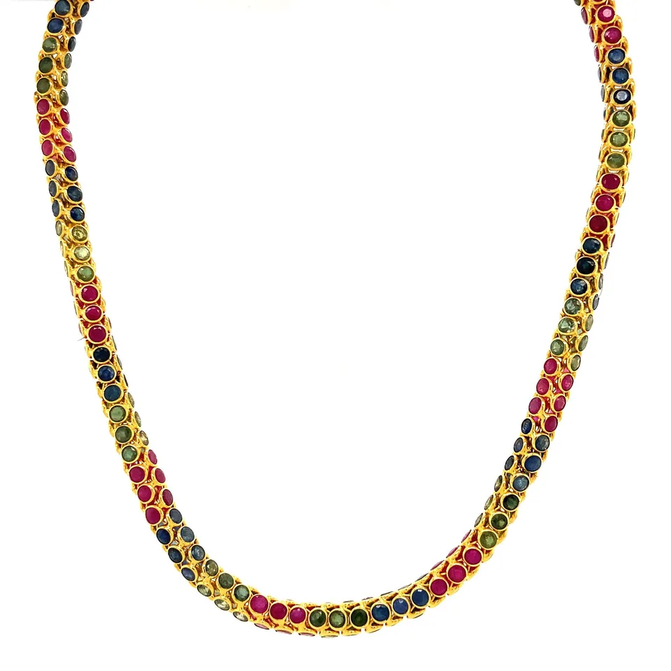 Vintage 18K Gold Necklace with Emerald, Sapphire and Ruby 43.5 cm