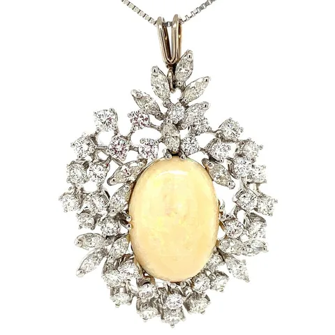 Vintage 14K White Gold Pendant with Opal and Diamond