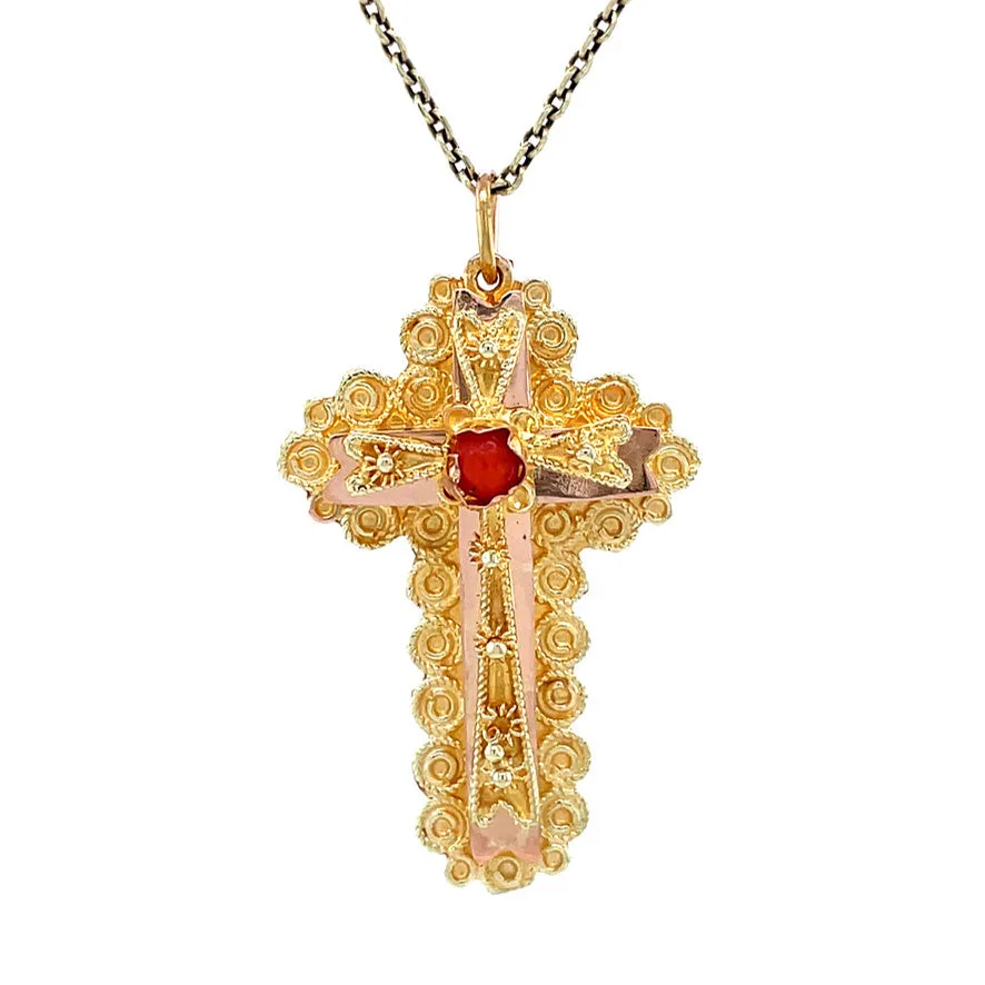Vintage 14K Gold Cross Pendant with Red Coral