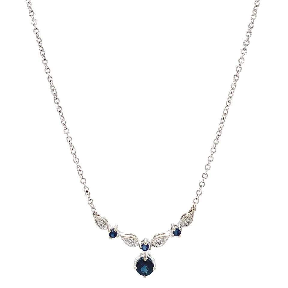 Vintage 14K White Gold Necklace Anchor with Pendant Diamond and Sapphire 45 cm