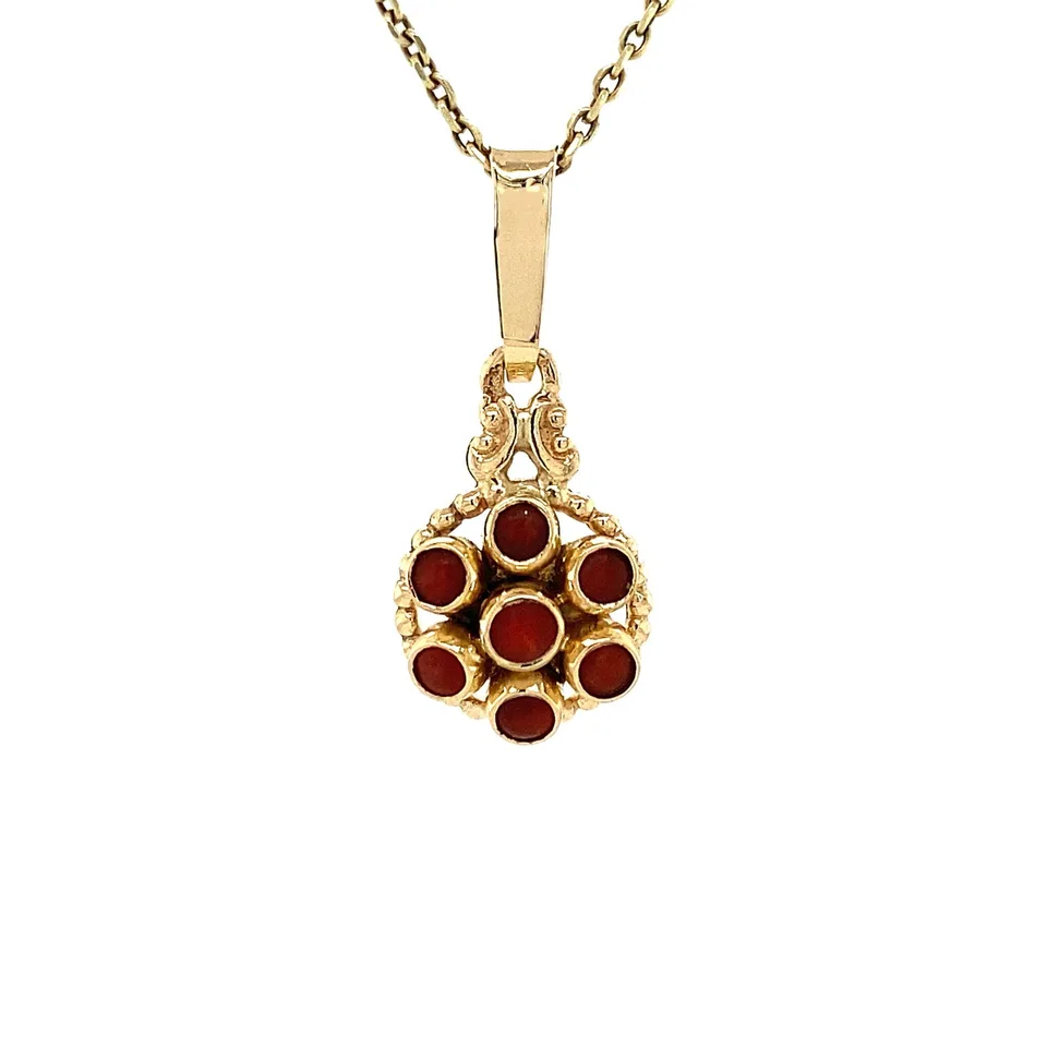 Vintage 14K Gold Cluster Pendant with Red Coral