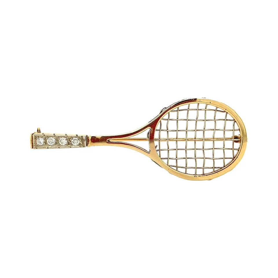 Vintage 14K Gold Tennisracket Brooch with Diamond