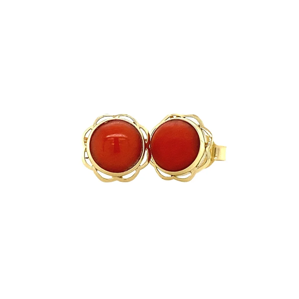 Vintage 14K Gold Solitaire Stud Earrings with Red Coral