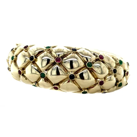 Vintage 12K Gold Bangle with Ruby, Sapphire and Emerald