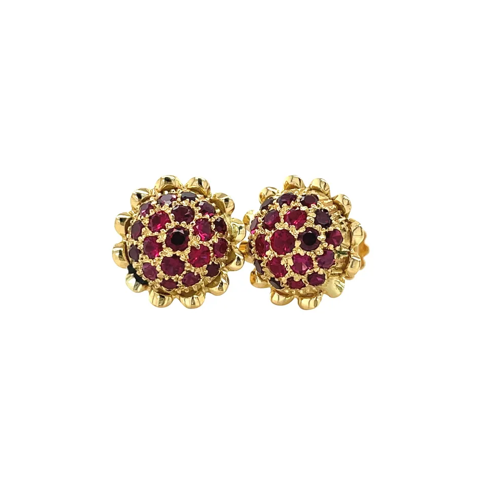Vintage 18K Gold Cluster Stud Earrings with Ruby