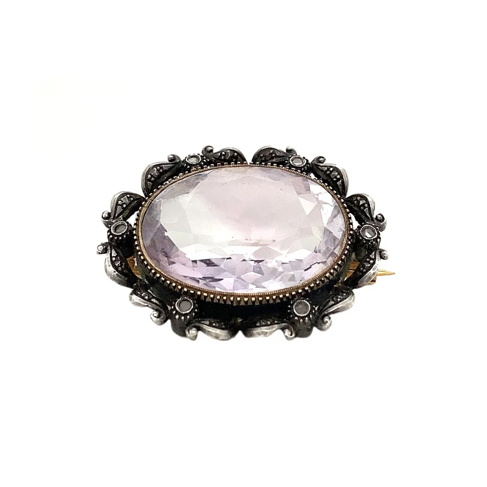 Vintage 18K Gold Brooch with Rose Quartz and Rose Cut Diamond