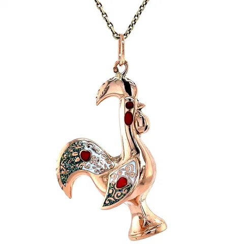 Vintage 18K Rose Gold Rooster Pendant with Enamel