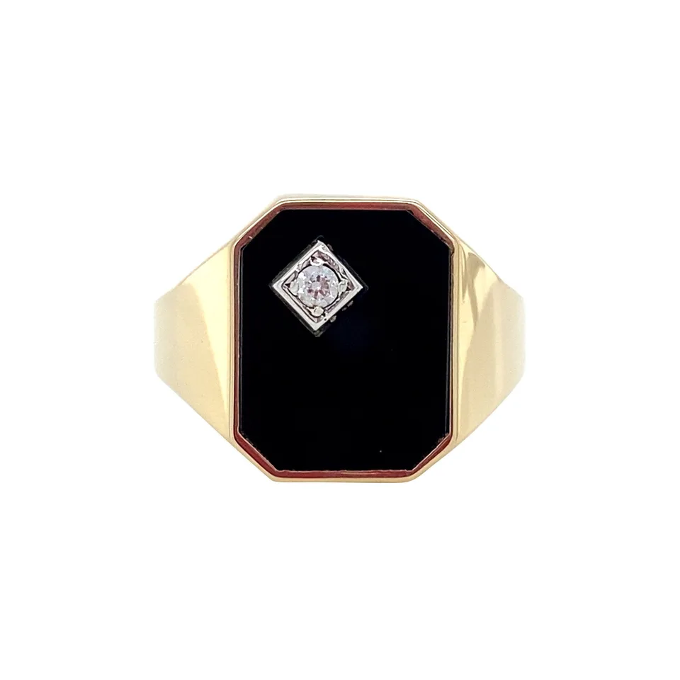 Vintage 14K Gold Signet Ring with Onyx and Cubic Zirconia
