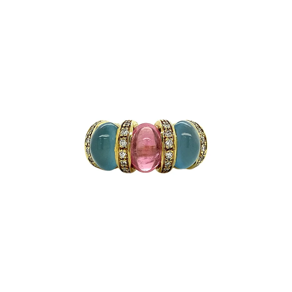 Vintage 14K Gold Ring with Tourmaline, Moonstone and Diamond