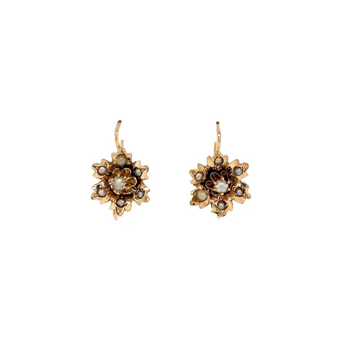 Vintage 14K Gold Flower Drop Earrings with Pearl