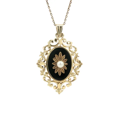 Vintage 14K Gold Pendant with Onyx and Pearl