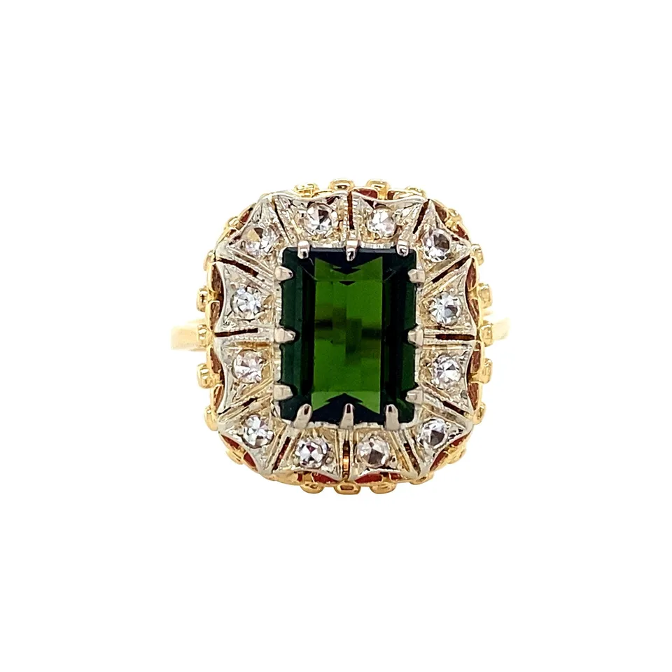 Vintage 18K Gold Cluster Ring with Tourmaline and Spinel
