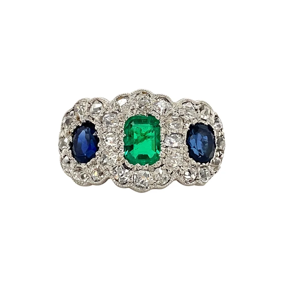 Vintage 18K Gold Ring with Emerald, Sapphire and Diamond