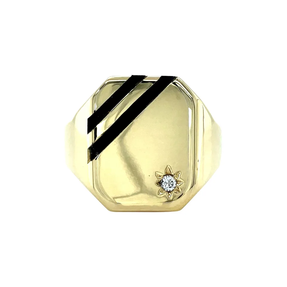 Vintage 14K Gold Signet Ring with Onyx and Cubic Zirconia