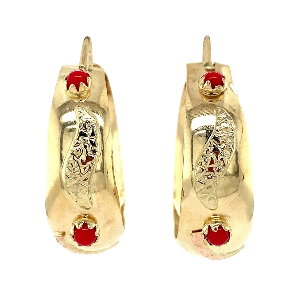 Vintage 14K Gold Hoop Earrings with Red Coral