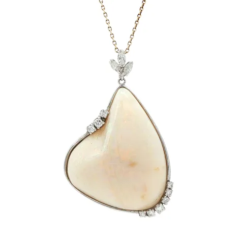Vintage 14K White Gold Pendant with Opal and Diamond