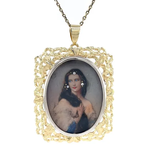 Vintage 14K Gold Pendant with Enamel and Cubic Zirconia