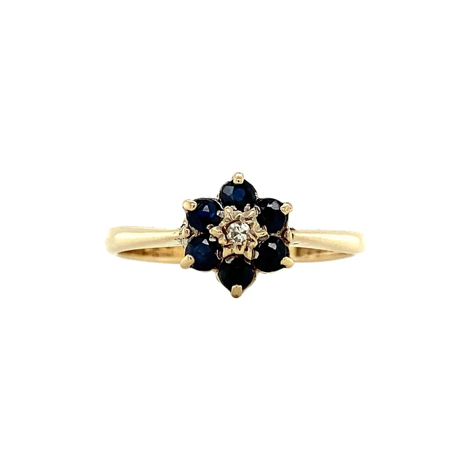 Vintage Cluster 9K Gold Ring with Sapphire and Diamond