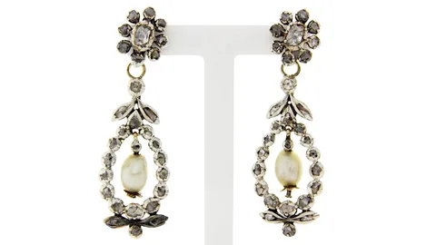 Vintage Sterling Silver Stud Earrings with Rose Cut Diamond and Pearl