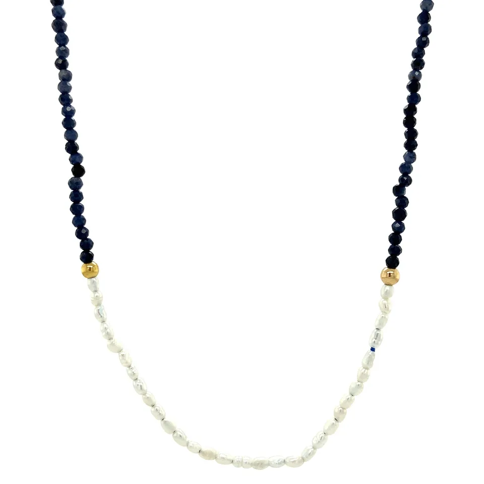 Vintage Sapphire Necklace with Pearl and 14K Gold Clasp 44.5 cm