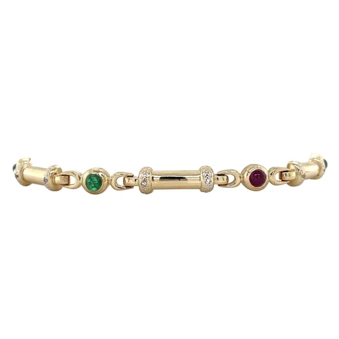 Vintage 14K Gold Bracelet with Ruby, Sapphire, Emerald and Diamond