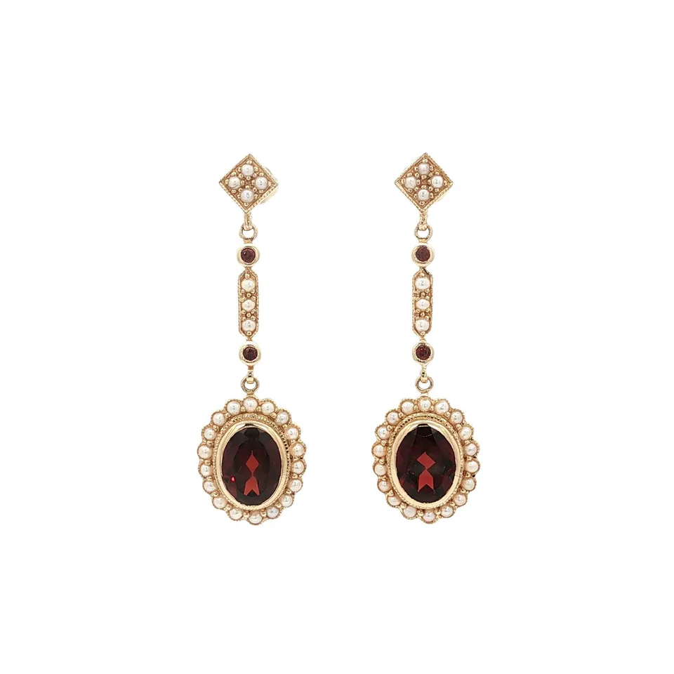 Vintage 14K Gold Earrings with Garnet and Pearl