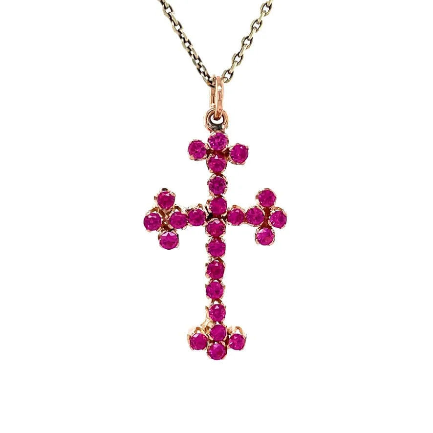 Vintage 18K Rose Gold Cross Pendant with Ruby