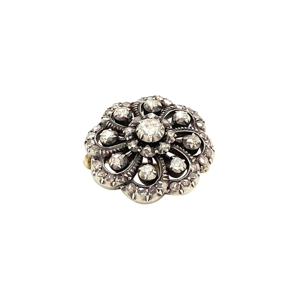 Vintage 14K Gold Cluster Brooch with Rose Cut Diamond