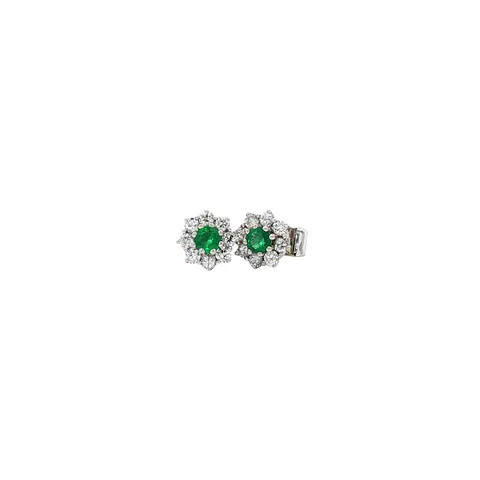 Vintage 14K White Gold Stud Earrings with Emerald and Diamond